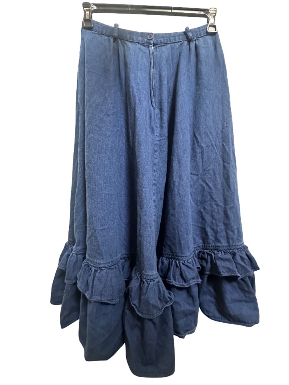 Vintage Circle T Cotton Denim Tiered Ruffle Midi Skirt, western boho - Picture 6 of 10
